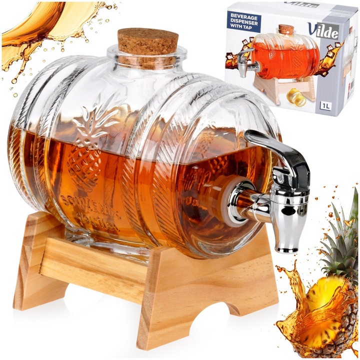 Üveg Italadagoló Hordó Alakú, Csappal és Állvánnyal, Vilde, 1 l, Átlátszó, Parafa Dugóval, Ananász Díszítéssel, Ideális Whisky, Likőr, Bor Vagy Gyümölcslé Szervírozásához, Elegáns és Praktikus Ajándék Otthonra