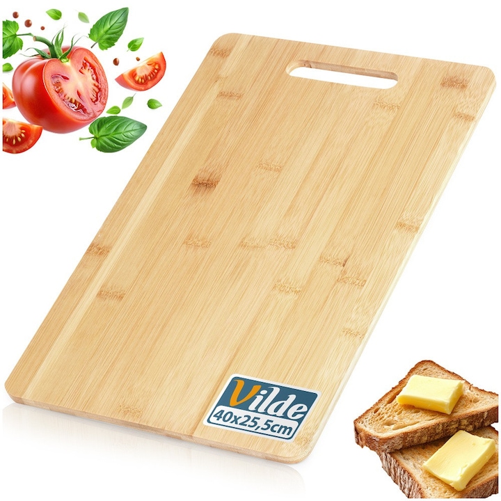 Tocator De Bucatarie Din Bambus Cu Maner Metalic, Vilde, 40x25.5 cm, Maro Natural, Placa Mare Pentru Taiat Carne Si Legume, Material Ecologic Rezistent La Apa Si Deformare, Ideal Pentru Servire Platouri Traditionale, Usor De Intretinut Si Curatat