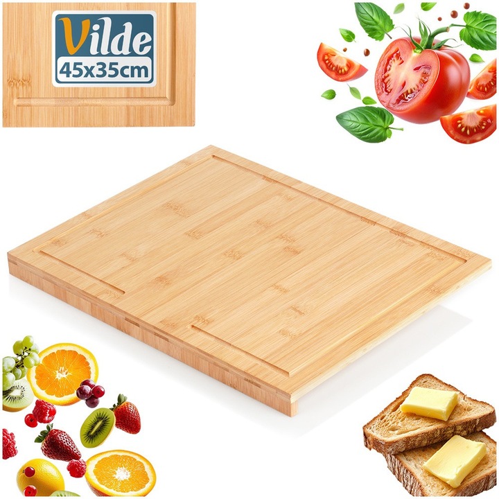 Tocator De Bucatarie Din Bambus Cu Margine De Siguranta, Vilde, 45x35 cm, Maro Natural, Suprafata Mare De Lucru Pentru Taiat Si Servire, Protejeaza Blatul, Material Ecologic Durabil Si Rezistent La Umiditate, Nu Toceste Cutitele, Curatare Usoara