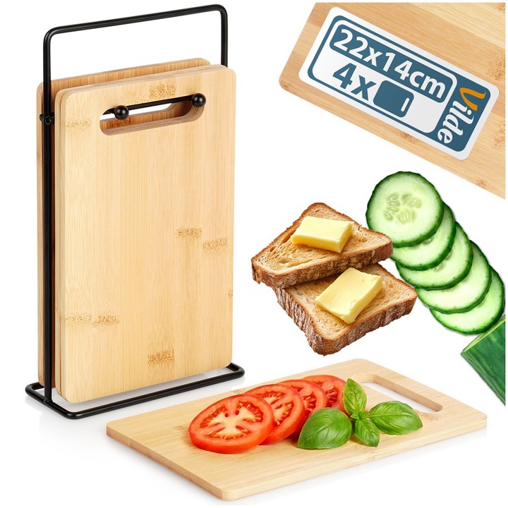 Set 4 Tocatoare De Bucatarie Din Bambus Cu Suport Metalic, Vilde, 22x14 cm, Maro Natural/Negru, Placi De Taiat Pentru Carne Legume Si Paine, Organizator Practic Si Compact Pentru Blat, Material Rezistent La Umezeala, Design Modern Loft