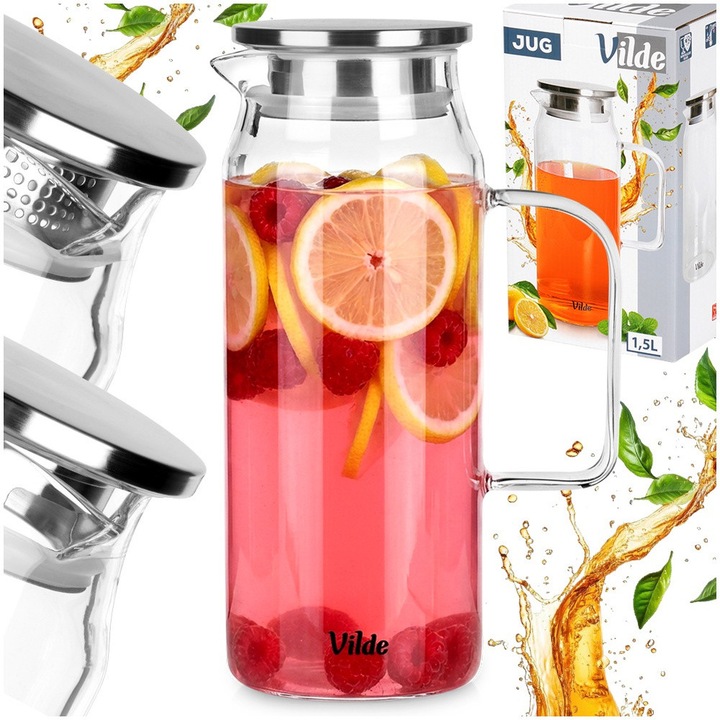 Boroszilikát Üveg Karaffa Italokhoz, Vilde, 1.5 l, Átlátszó, Rozsdamentes Acél Fedél Dupla Öntőrendszerrel És Gyümölcsszűrővel, Extrém Hőmérsékleteknek Ellenálló, Ideális Limonádéhoz, Vízhez És Gyümölcsléhez, Kényelmes Fogantyú