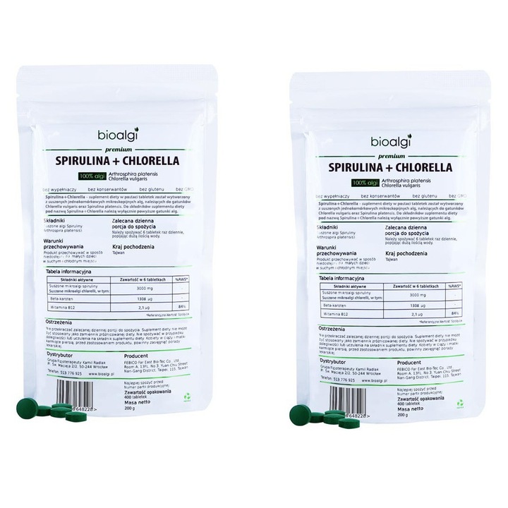 2x Натурални Биоалги Spirulina + Хлорела - NGS, 400 таблетки, зелен цвет