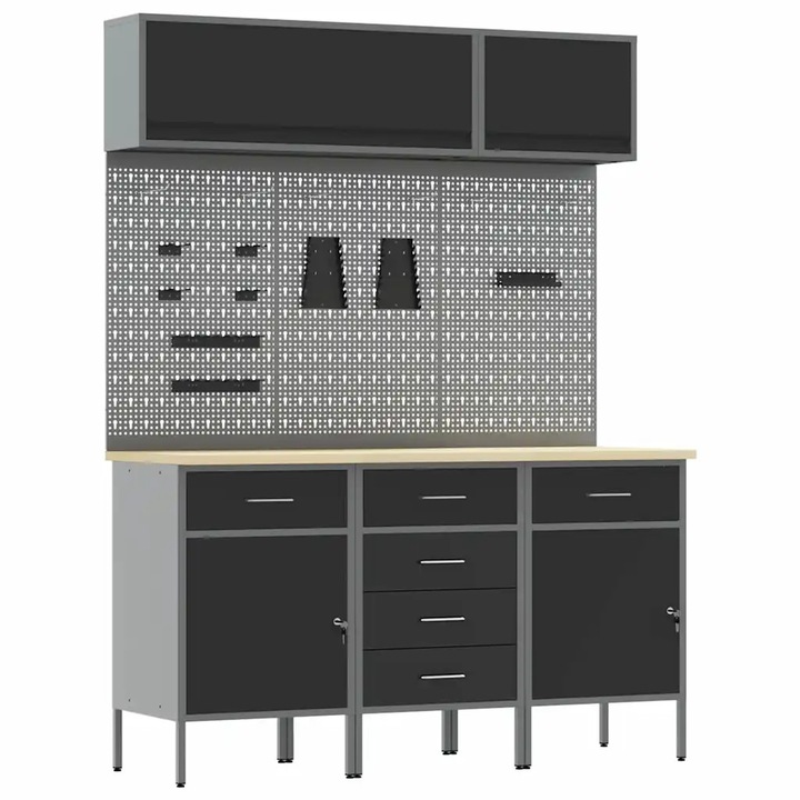 Комплект работни шкафове с цип, vidaXL, черен, 8 части, размери 150x55x200cm