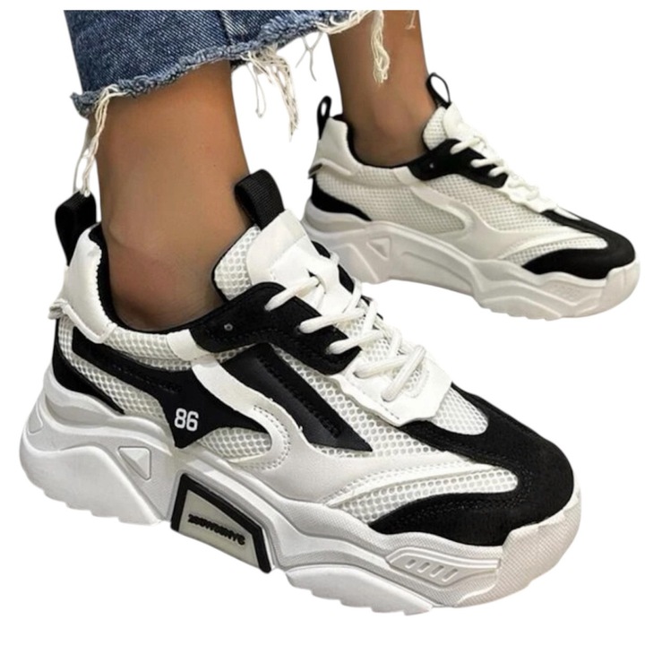 Дамски маратонки, черно-бели, 38 EU, текстил