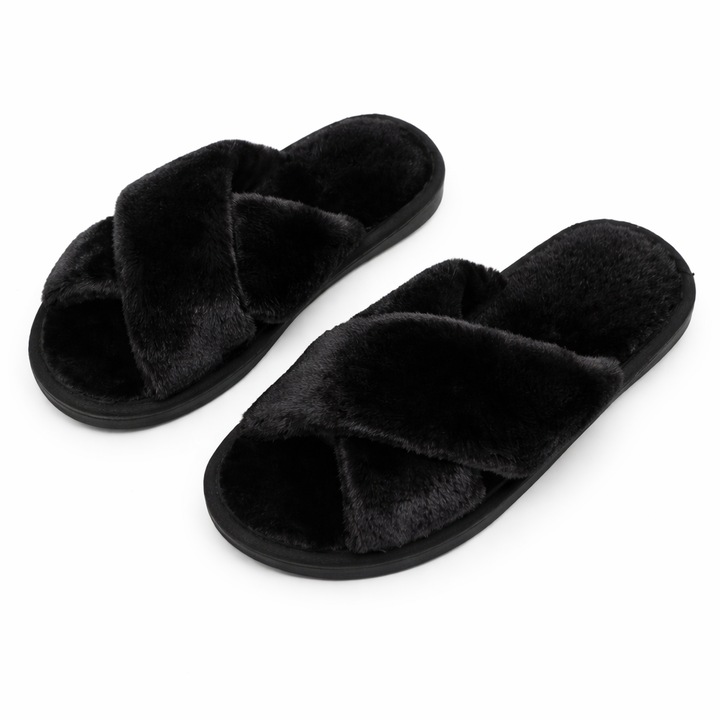 Papuci pufoși de damă, negri, mărimea 36-37 EU