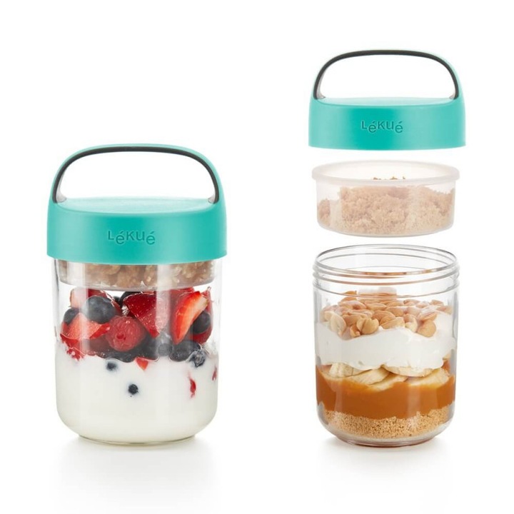 Lekue On The Go 1010223 rekeszes palack, 400 ml, -20/+100°C, légmentesen záródó, fogantyúval, türkiz