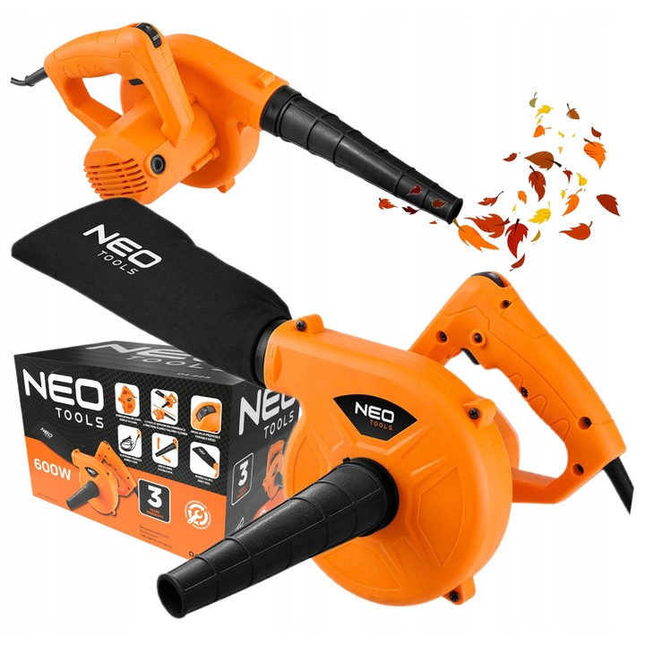 Aspirator electric 2 in 1 NEO TOOLS 600W, 6 trepte viteza, 285 km/h, set cu sac 0,6L