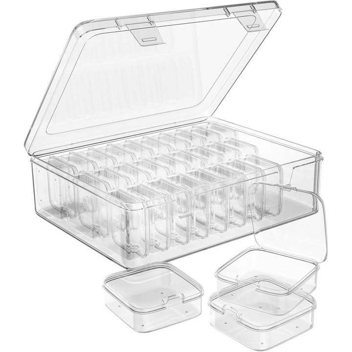 Set Cutii Depozitare, YQLAFT, 30 cutii mici transparente, capac cu balama, pentru bijuterii, margele, dimensiuni 8.8"x6.7"x2.4"