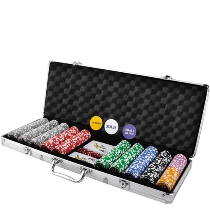 Malatec pókerkészlet alumínium kofferben, 500 zseton, 2 pakli kártya, zöld posztó, 40x25x7cm