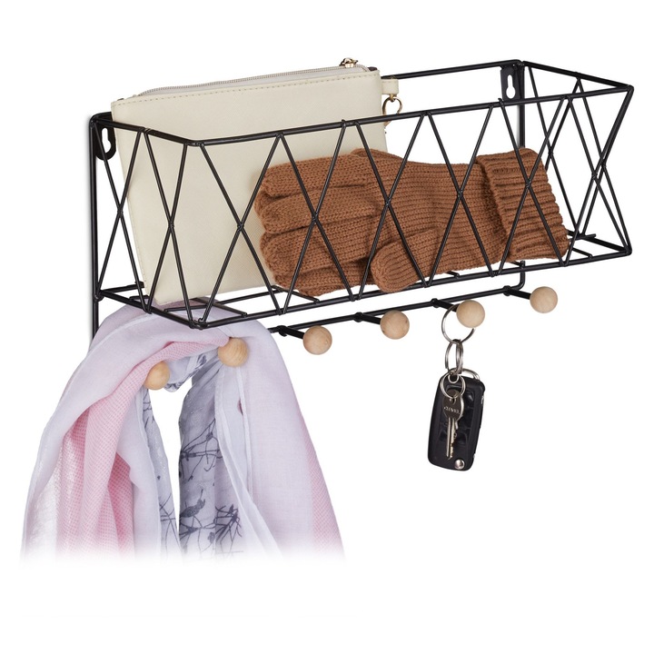 Raft de perete Relaxdays, 17 x 36 x 13 cm, pentru hol, baie, bucatarie, raft organizare/depozitare, din metal, cu 6 agatatori, Negru