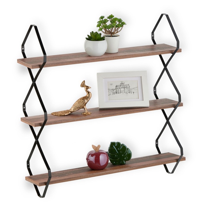 Raft multifunctional Relaxdays, 3 niveluri, 60 x 60 x 18.5 cm, din MDF/metal, Maro/Negru