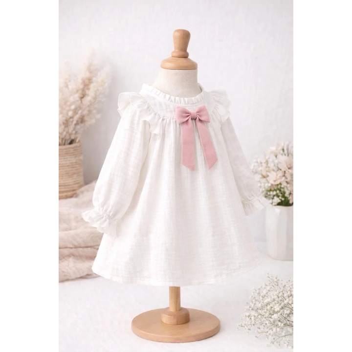 Rochie din muselina alba cu fundita roz, Alb