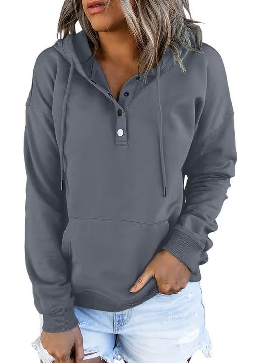 Hanorac cu gluga pentru femei, Hoodies, decolteu cu nasturi, gri, mărime S