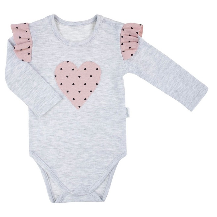 Body din bumbac pentru fete, NICOL, melange, maneca lunga, inimioara gri, 74 cm