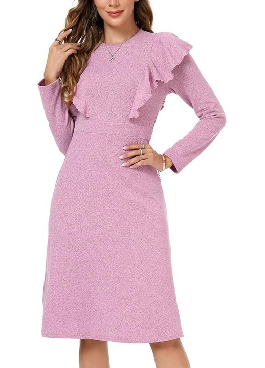 Rochie tricotata pentru femei, maneca lunga, casual si petrecere, midi, culoarea roz, Roz