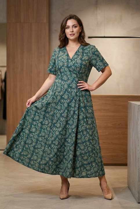 Rochie din bumbac imprimat manual, verde, marime XXL