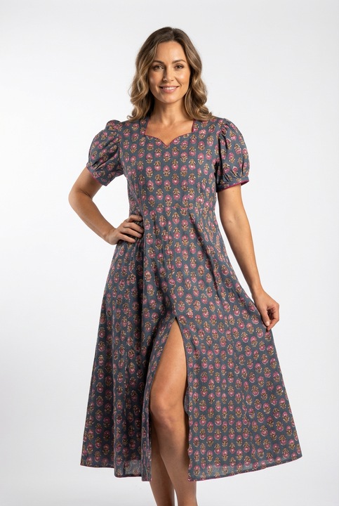 Rochie din bumbac imprimat manual, gri, marime L