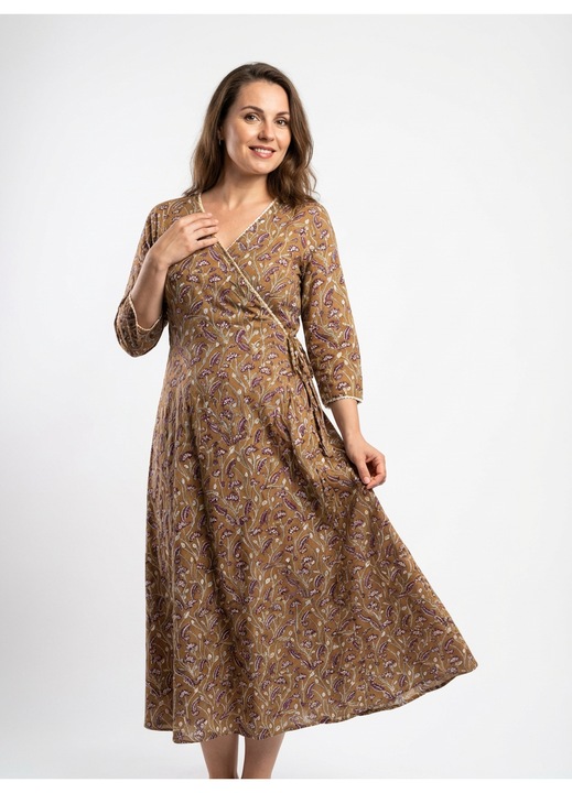 Rochie midi, bumbac imprimat manual, maro multicolor, marime XL