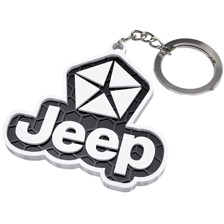 Breloc chei auto, woodmag, JEEP alb cu accente negre, design fagure
