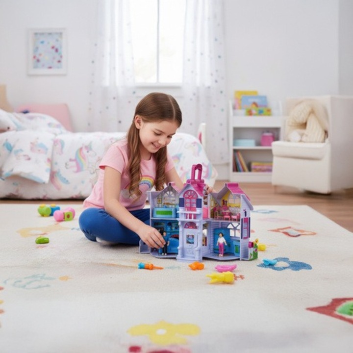 Casuta De Papusi, Pliabila, Portabila, Dimensiunele Casei Desfasurate 23 x 38 x 24 cm, Culoare Roz-Mov