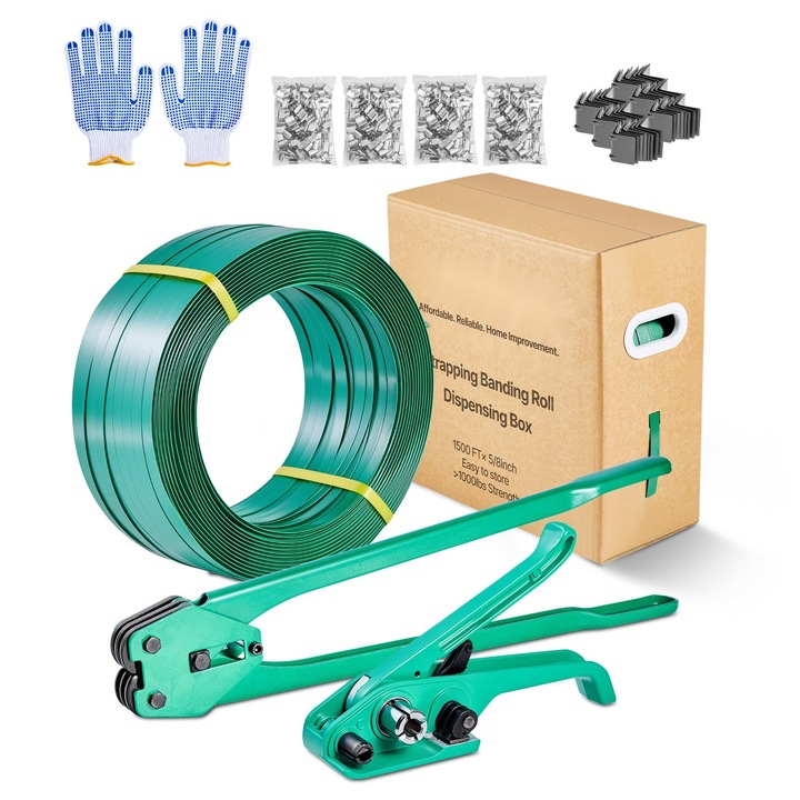 Set ambalare paleti, banda PET 457 m, cleste de sigilare si protectii colt, negru/verde, 1 set