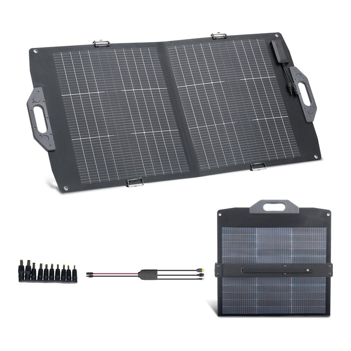 Panou solar pliabil bifacial 100W, monocristralin N-Type 16BB, eficiență 24%, portabil pentru camping, dimensiuni desfasurat 1226x608x35mm