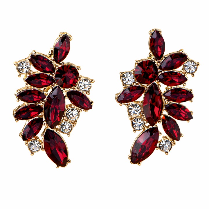 Cercei cu Clips, floral, placati cu aur de 24k, rosu, 2.8x4.4cm