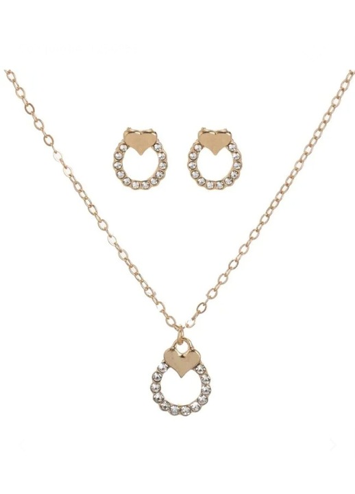 Set Colier & Cercei Aurii cu Strasuri și Inimioară, 1cm