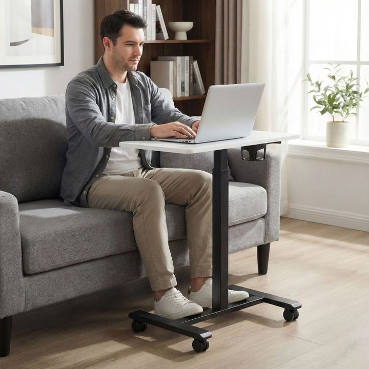 Birou Mobil Pentru Laptop Cu Inaltime Reglabila 71, 5–112 cm, Dimensiune 70X48 Cm, Culoare Alb