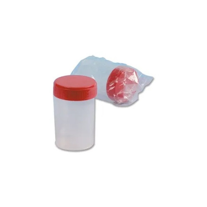 Recipient Steril pentru Urina 60 ml – Ambalat Individual, Capac Filetat Rosu, Cutie 500 Bucati