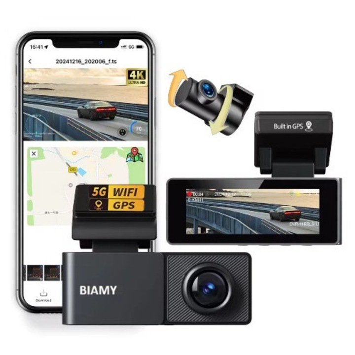 Camera auto DVR BIAMY A3 Dual 4K + 1080P, GPS integrat, Unghi filmaree 170, Inregistrare in bucla, Vedere nocturna, Set cu camera spate