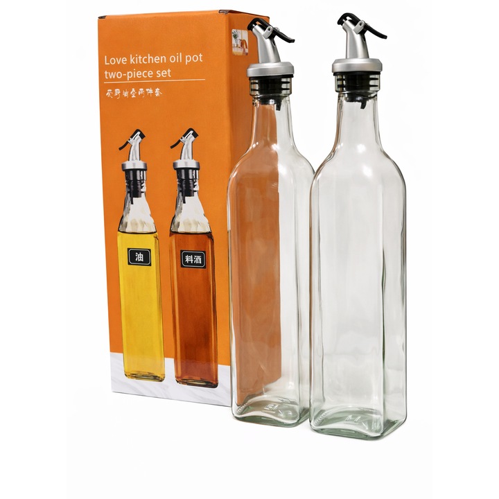 Set 2 recipiente pentru ulei și oțet, love kitchen, sticlă transparentă, dozator metalic, sistem anti-picurare