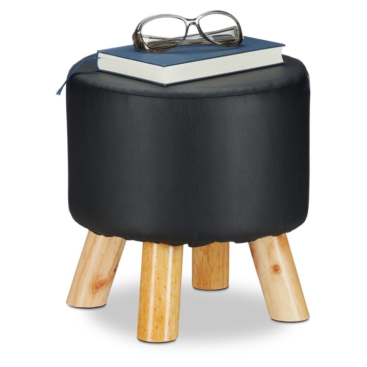 Taburet din piele ecologica Relaxdays, 30 x 31 cm, picioare din lemn de pin, taburet pentru sufragerie, Negru