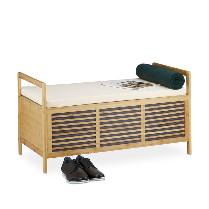 Banca cu spatiu de depozitare Relaxdays, 50 x 93.5 x 48 cm, din bambus, aspect elegant, 96L, Maro