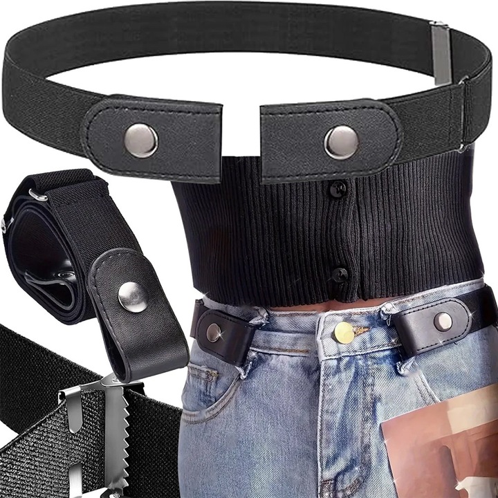 Női nadrágszíj, gumis, patentos rögzítés, gumi, csat nélküli, állítható, 60-80 cm, fekete