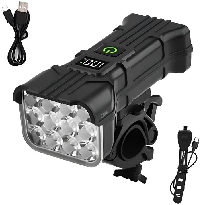 Lanterna Bicicleta Multifunctionala SIKS Cu Lumina Led, Far 12 Led, 5 Moduri Iluminare, Incarcare USB, Cu Claxon Inclus, Lumina Puternica, Afisare Baterie, Negru