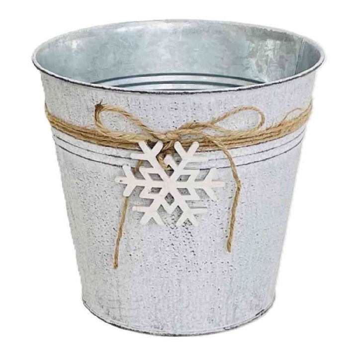 Ghiveci din tablă rotundă cu decor fulg de nea din lemn