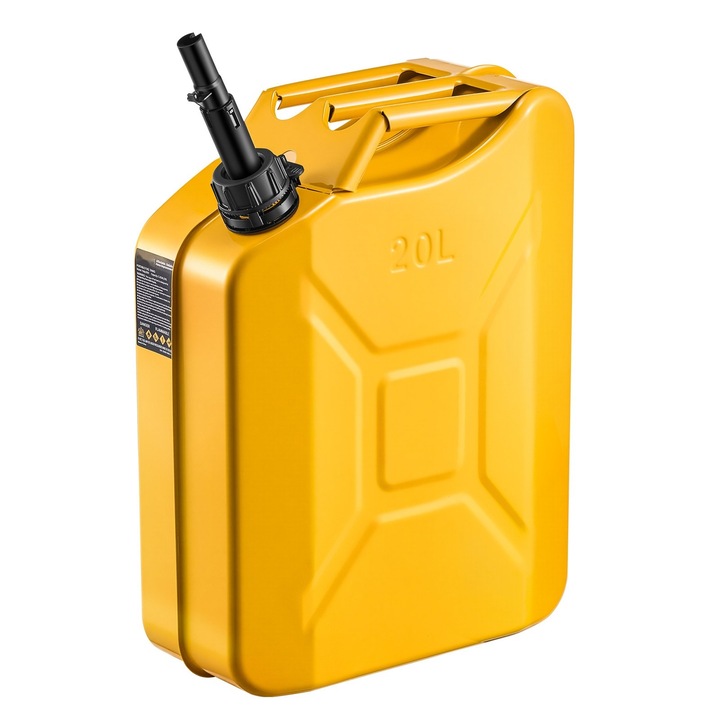 Fém üzemanyagtartály, 20 L, Kiöntőcsőrrel, Kényelmes fogantyú, Maximális áramlás 6 L/perc, Szivárgásmentes és korrózióálló, Autó/motor/ATV/UTV kompatibilis, Sárga