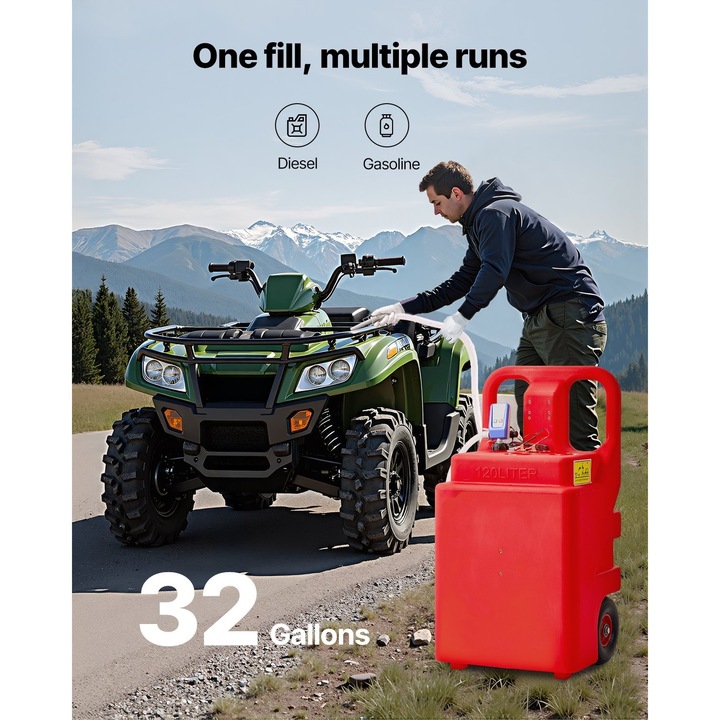 Rezervor combustibil portabil, Cisterna mobila, Cu pompa electrica 12V, 121 L, Debit 9, 5 L/min, Furtun 1, 2 m, Pistol cu oprire automata, Pentru benzina si motorina, Rosu