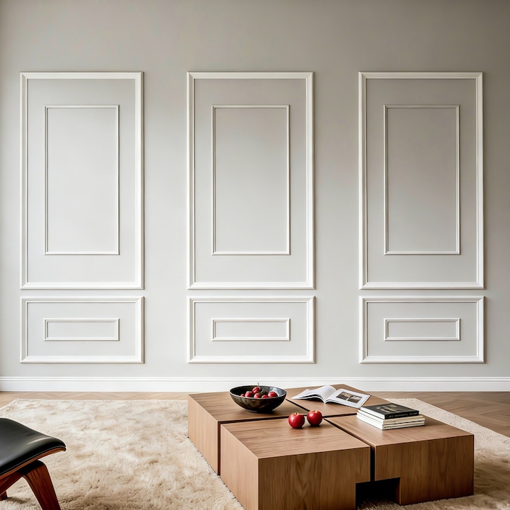 Profile decorative perete, Kit panouri boiserie/lambriu, Profil dublu lat/ingust, Polistiren usor vopsibil, Montaj facil, Pentru perete accent living/dormitor, Set 3 bucati, Alb