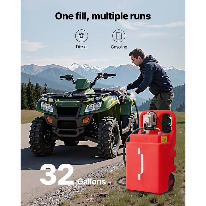 Rezervor portabil combustibil, Carucior cu pompa de transfer 12 V 57 L/min, Capacitate 121 L, Furtun 4 m, Pistol manual, Benzina si motorina, Pentru barci si ATV-uri