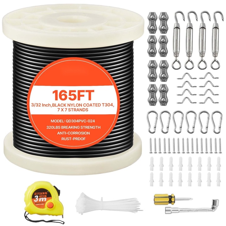 Комплект кабел от неръждаема стомана, диаметър 2.38 мм, дължина 50.3 м, неръждаема стомана 304, конструкция 7x7, якост на скъсване 2 kN, за парапети, перголи и светещи гирлянди