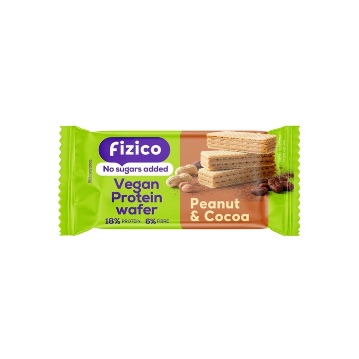 Napolitana proteica vegana cu crema de arahide si cacao, Fizico Vegan Protein Wafer, fara zaharuri adaugate, cu indulcitori, 40 g