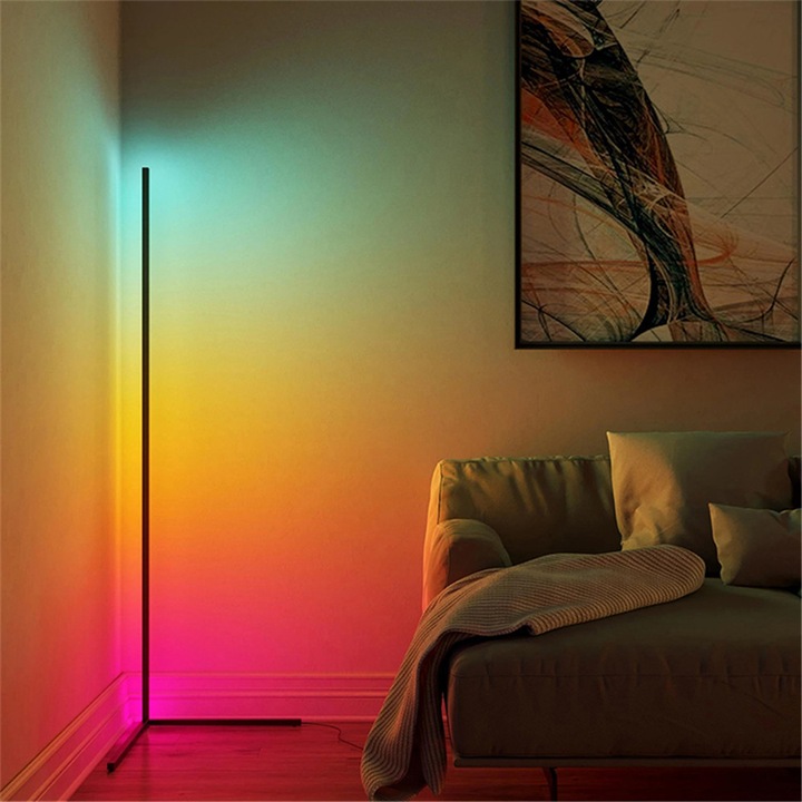 Lampadar LED RGB pentru colt, Kardleen®, lumina ambientala multicolora, dimabil, design minimalist, control prin telecomanda, pentru living, dormitor si camera de gaming, negru, 130cm