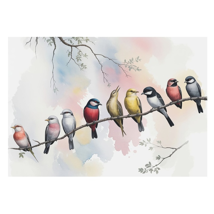 Fotótapéta Falra, Tulup, Madarak egy ágon, Fehér, 312 x 219 cm, Vlies, Modern Belsőépítészeti Dekoráció, 010100060080000285050