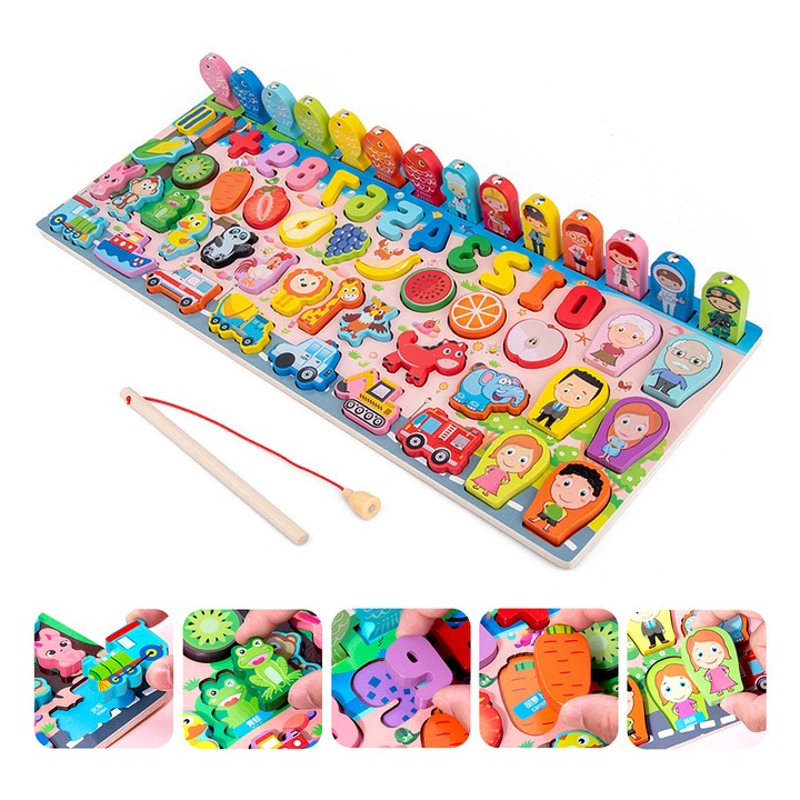 Joc educational Montessori din lemn, DONFANLIA®, sortator de culori, fructe si legume, animale, masini, numere si undita cu magnet pentru pescuit, + 3 ani