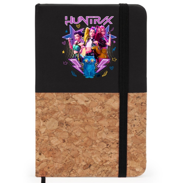 Agenda personalizata K POP Demon Hunters HUntrix A6 pentru notite, coperta rigida pluta si piele ecologica, semn de carte, banda elastica, 80 file