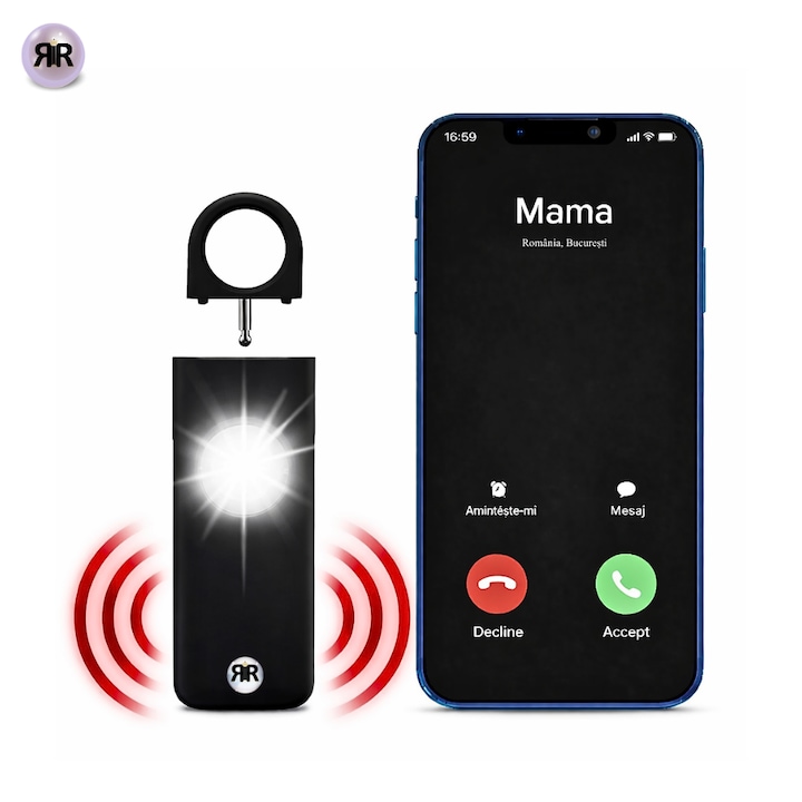 Alarma personala de siguranta RIR, 130 dB, apel automat si localizare GPS, conectare Bluetooth, dimensiuni 9,4x3x1 cm, pentru Copii, Adulti si Varstnici
