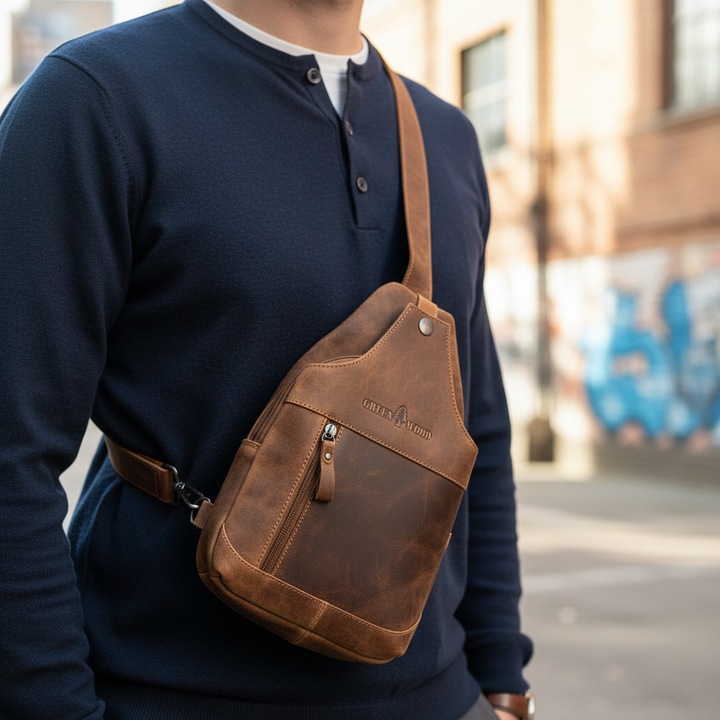 Borseta Crossbody Barbati Greenwood din Piele Naturala, Maro Camel, Curea Ajustabila, 10x17x30cm