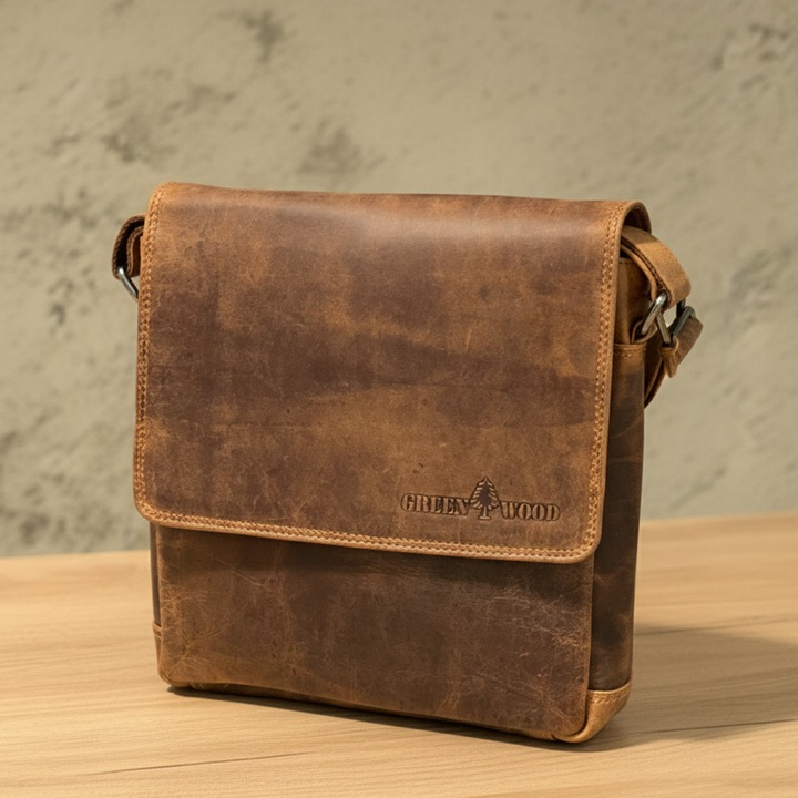 Borseta de umar barbati Greenwood Jost, piele naturala, maro deschis, 24x24x7 cm